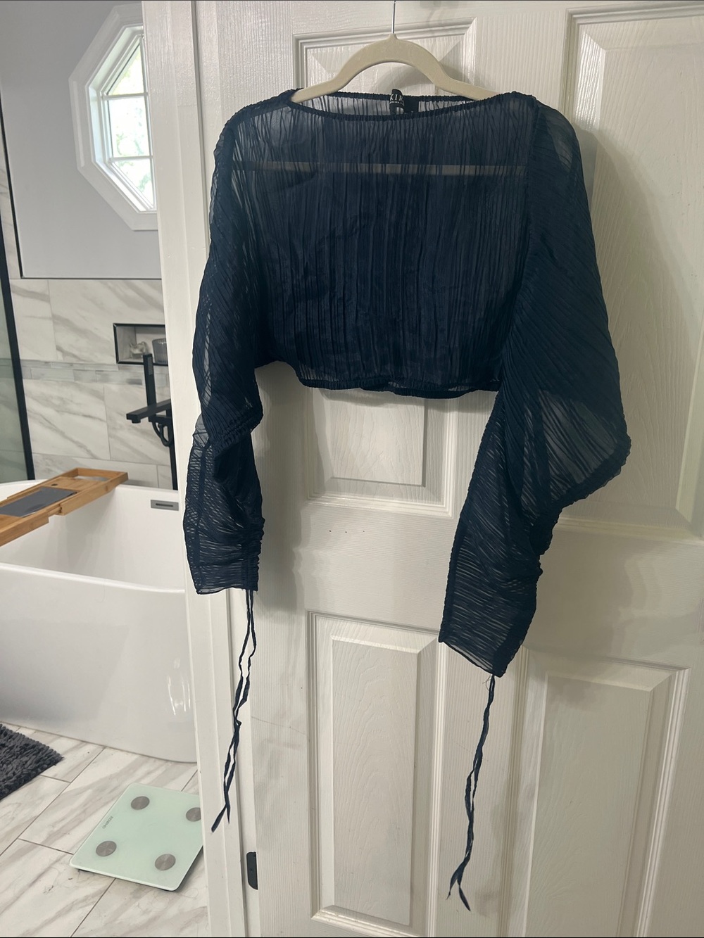 AKIRA Black Sheer Pleated Crop Top M Bell Sleeves Ruched Tie Y2K